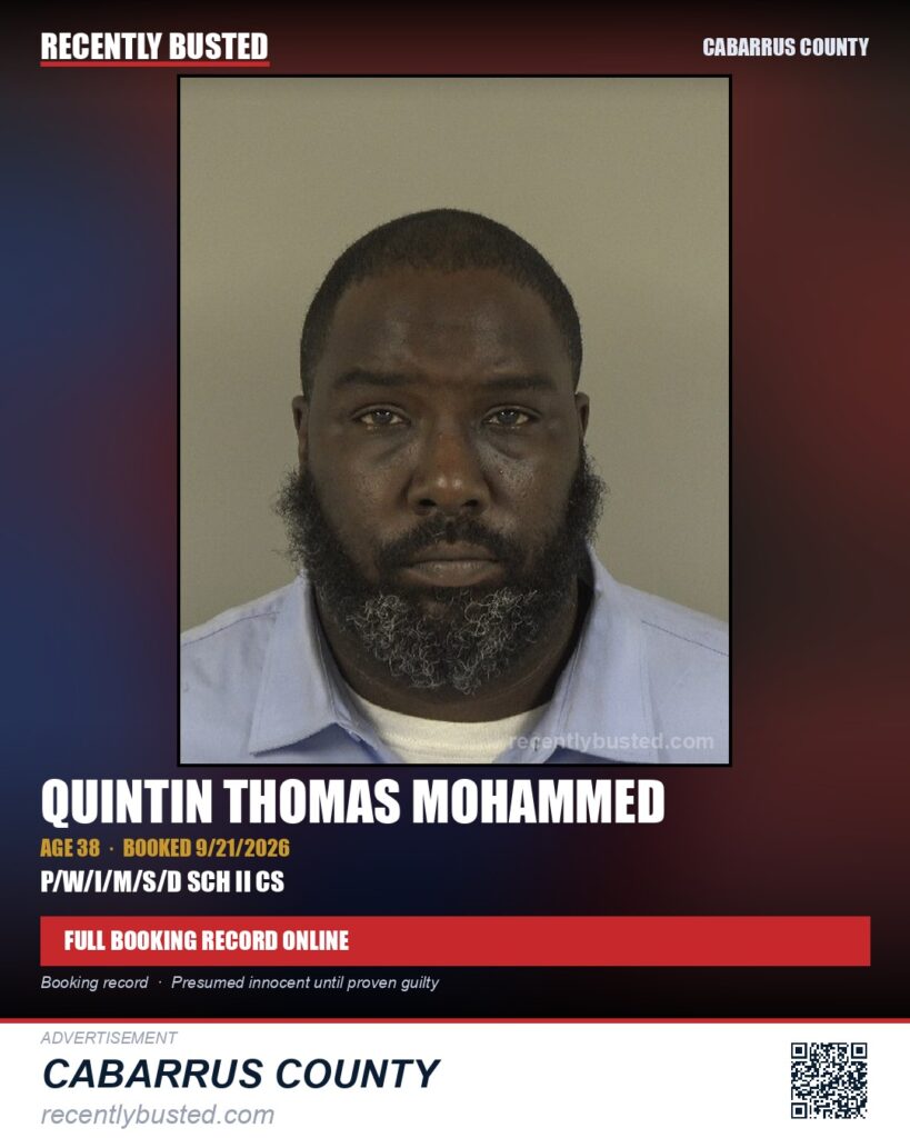QUINTIN THOMAS MOHAMMED — arrest record card, Cabarrus