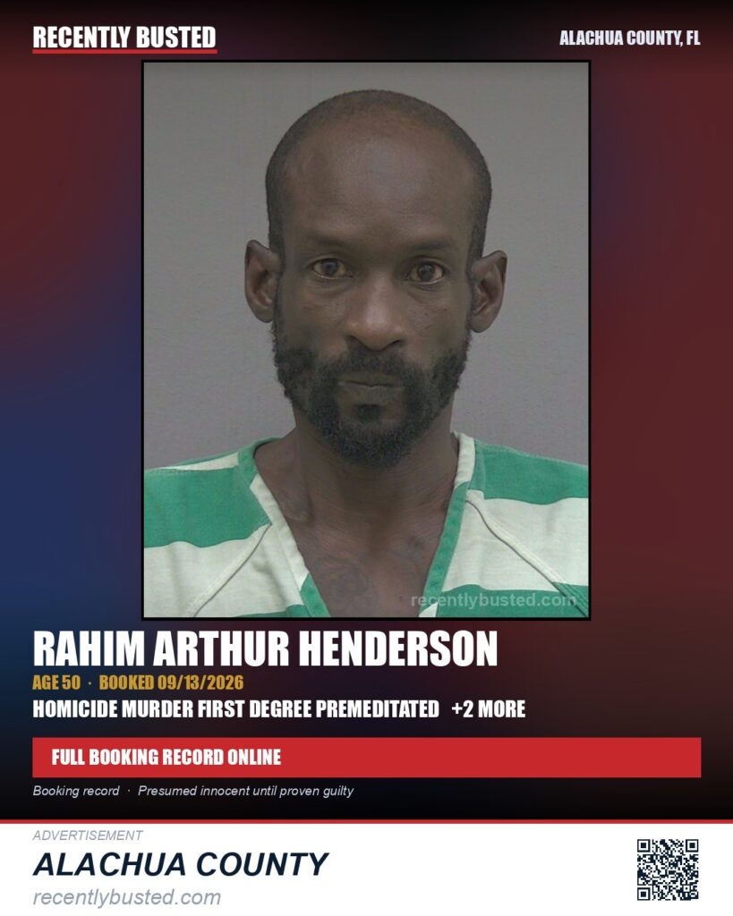 Rahim Arthur Henderson — arrest record card, Alachua County, Florida