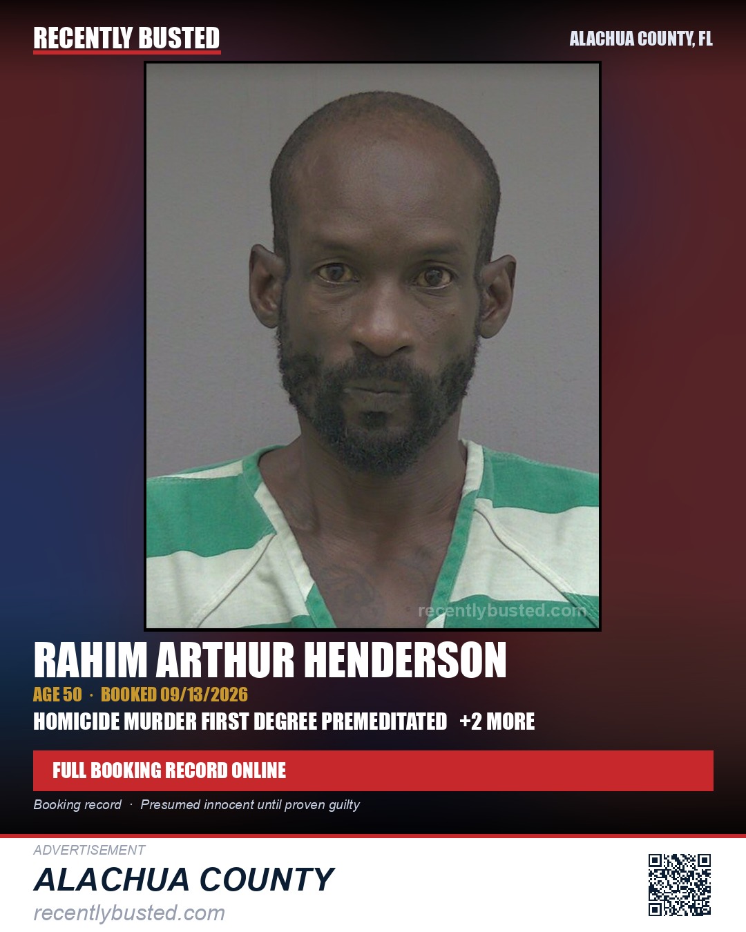 Rahim Arthur Henderson — arrest record card, Alachua County, Florida