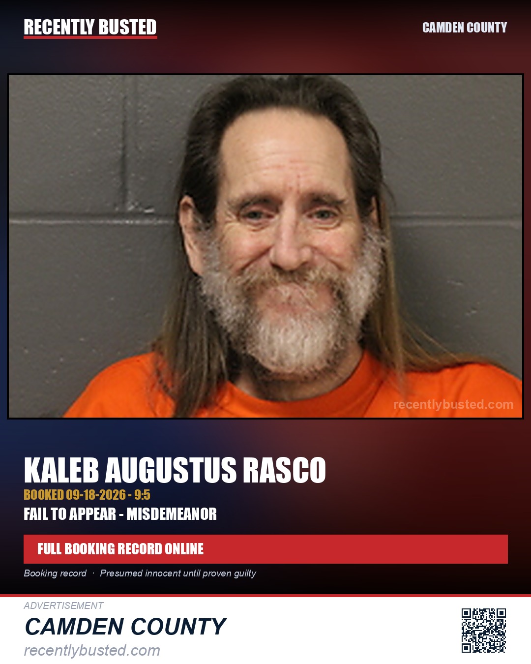 Rasco, Kaleb Augustus — arrest record card, Camden County
