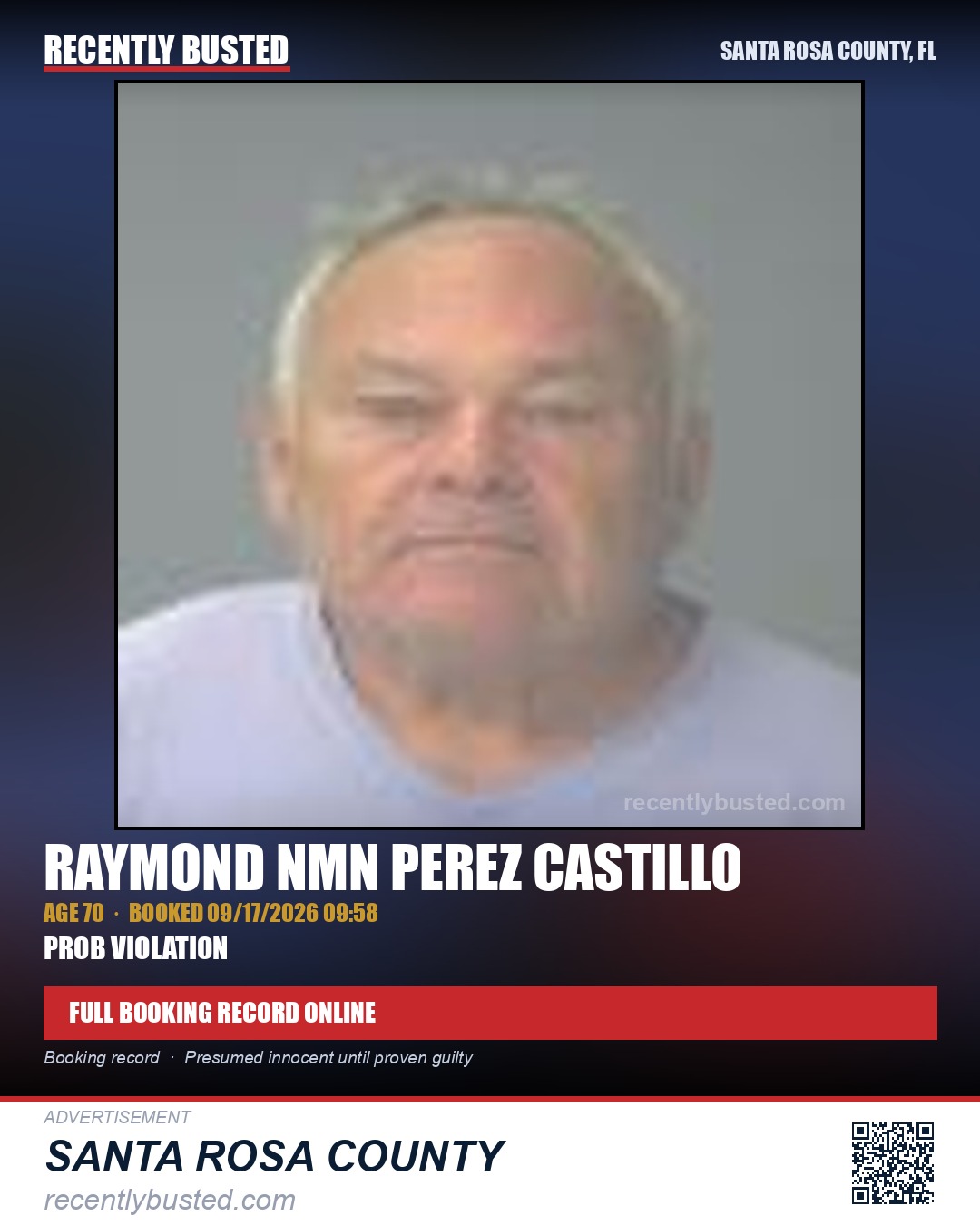 Raymond Nmn Perez Castillo — arrest record card, Santa Rosa County, Florida