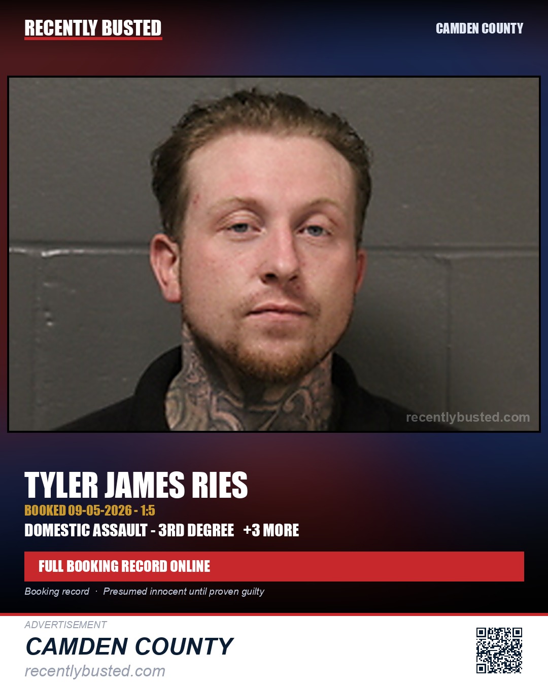 Ries, Tyler James — arrest record card, Camden County