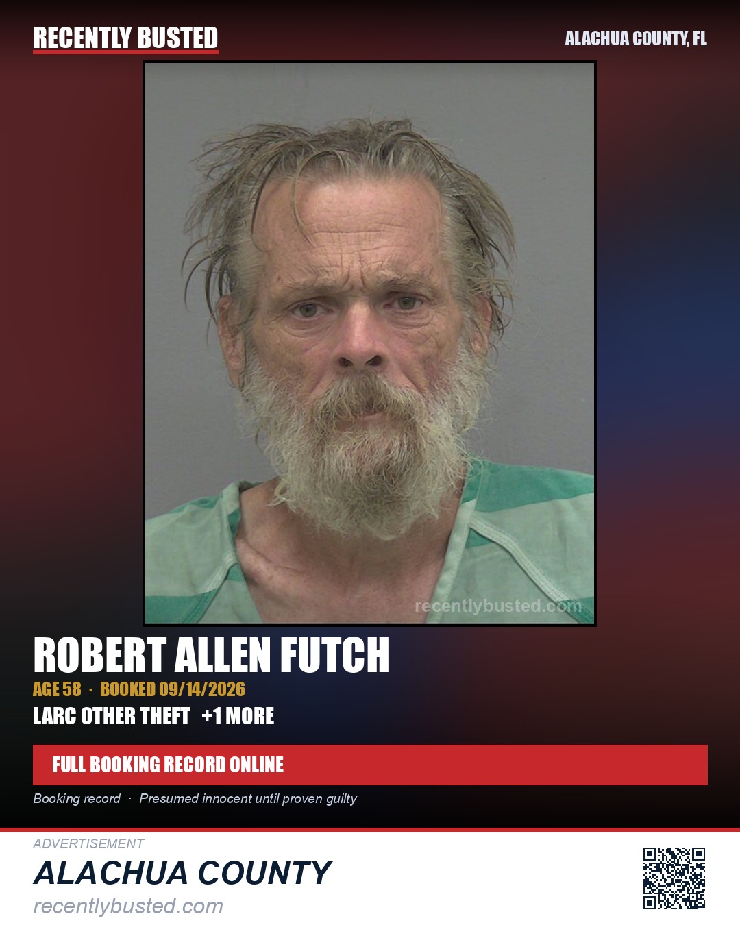 Robert Allen Futch — arrest record card, Alachua County, Florida