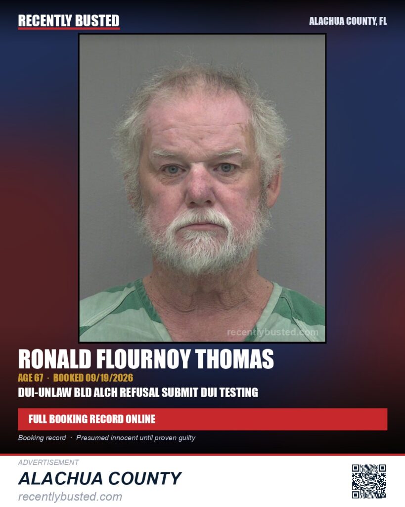 Ronald Flournoy Thomas — arrest record card, Alachua County, Florida