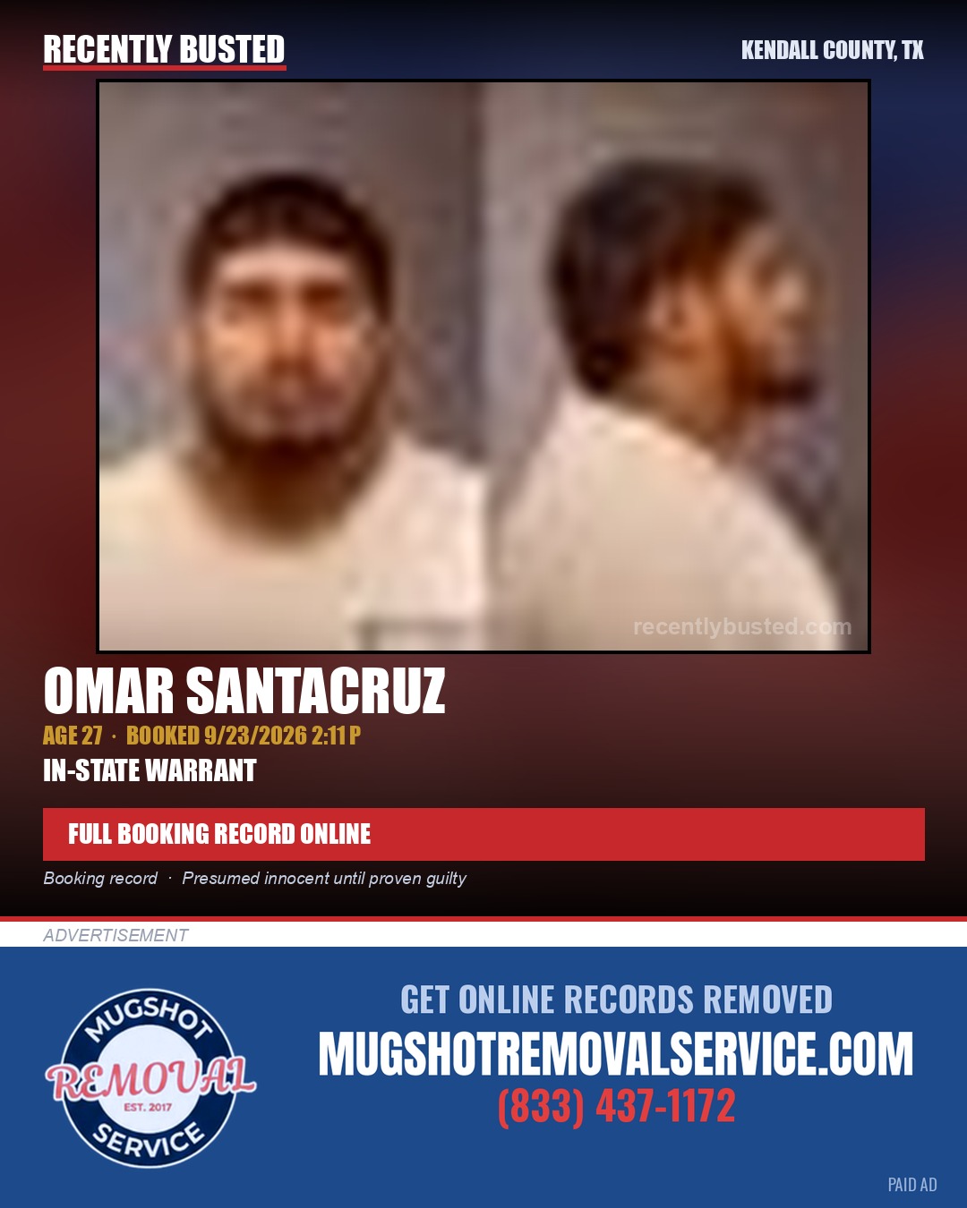 SANTACRUZ, OMAR — arrest record card, Kendall County, Illinois