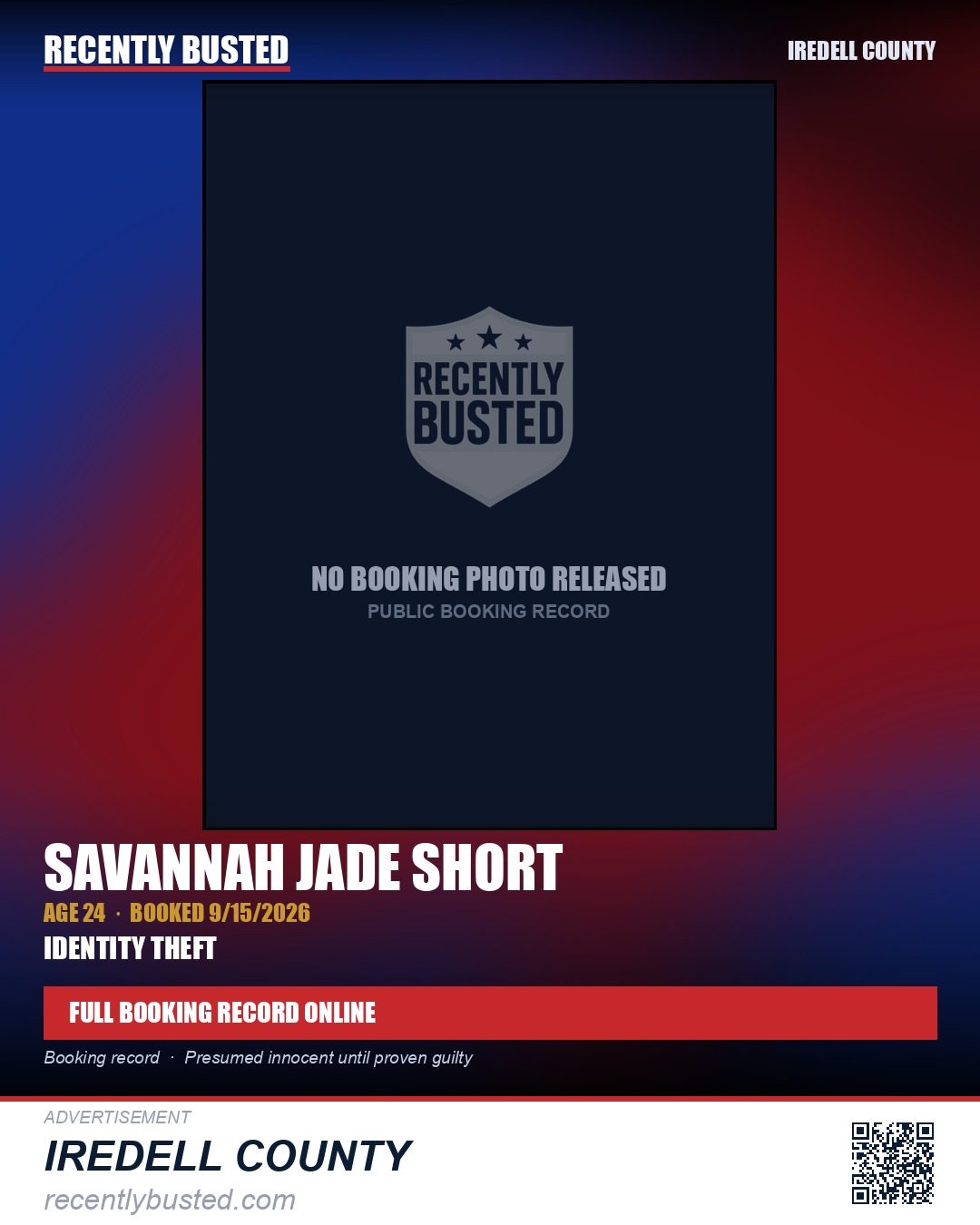 SAVANNAH JADE SHORT — arrest record card, Iredell County