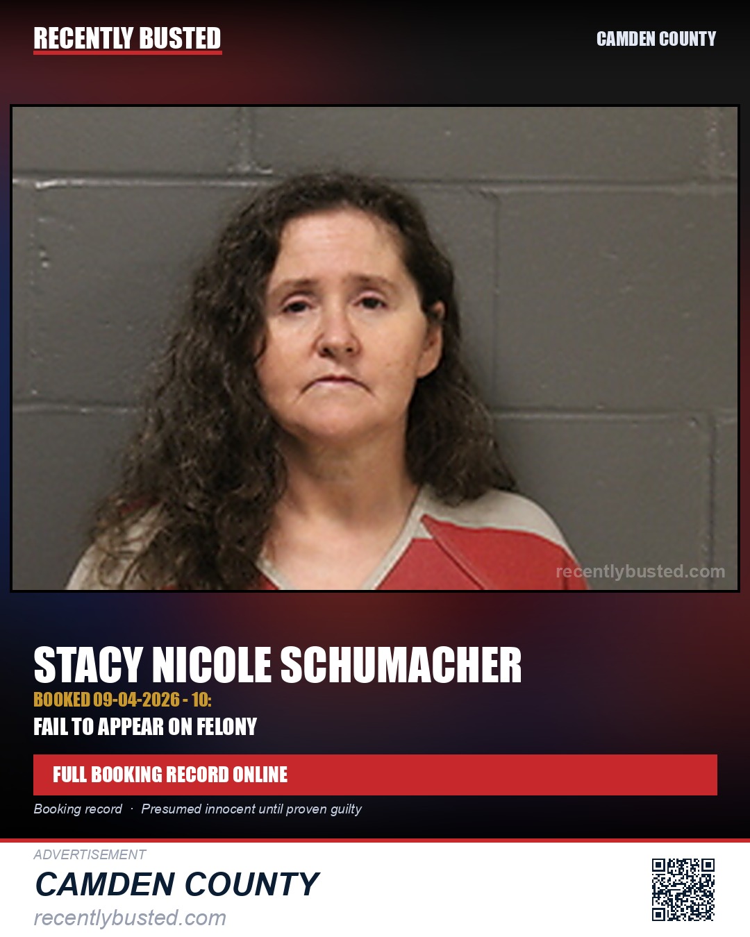 Schumacher, Stacy Nicole — arrest record card, Camden County
