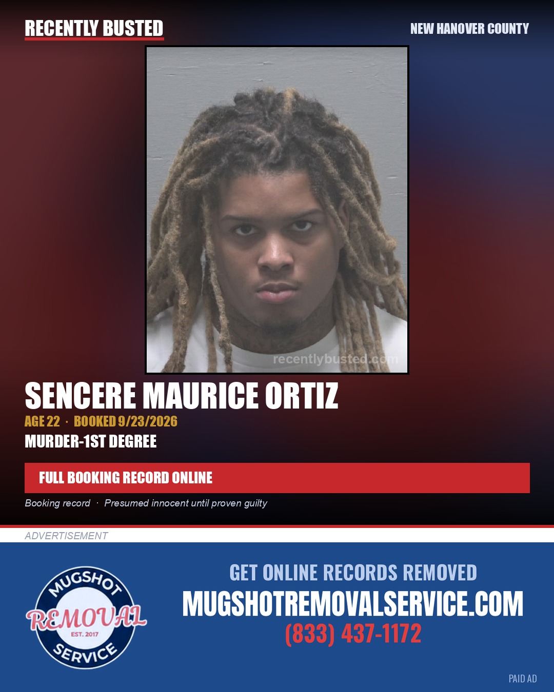 SENCERE MAURICE ORTIZ — arrest record card, New Hanover County