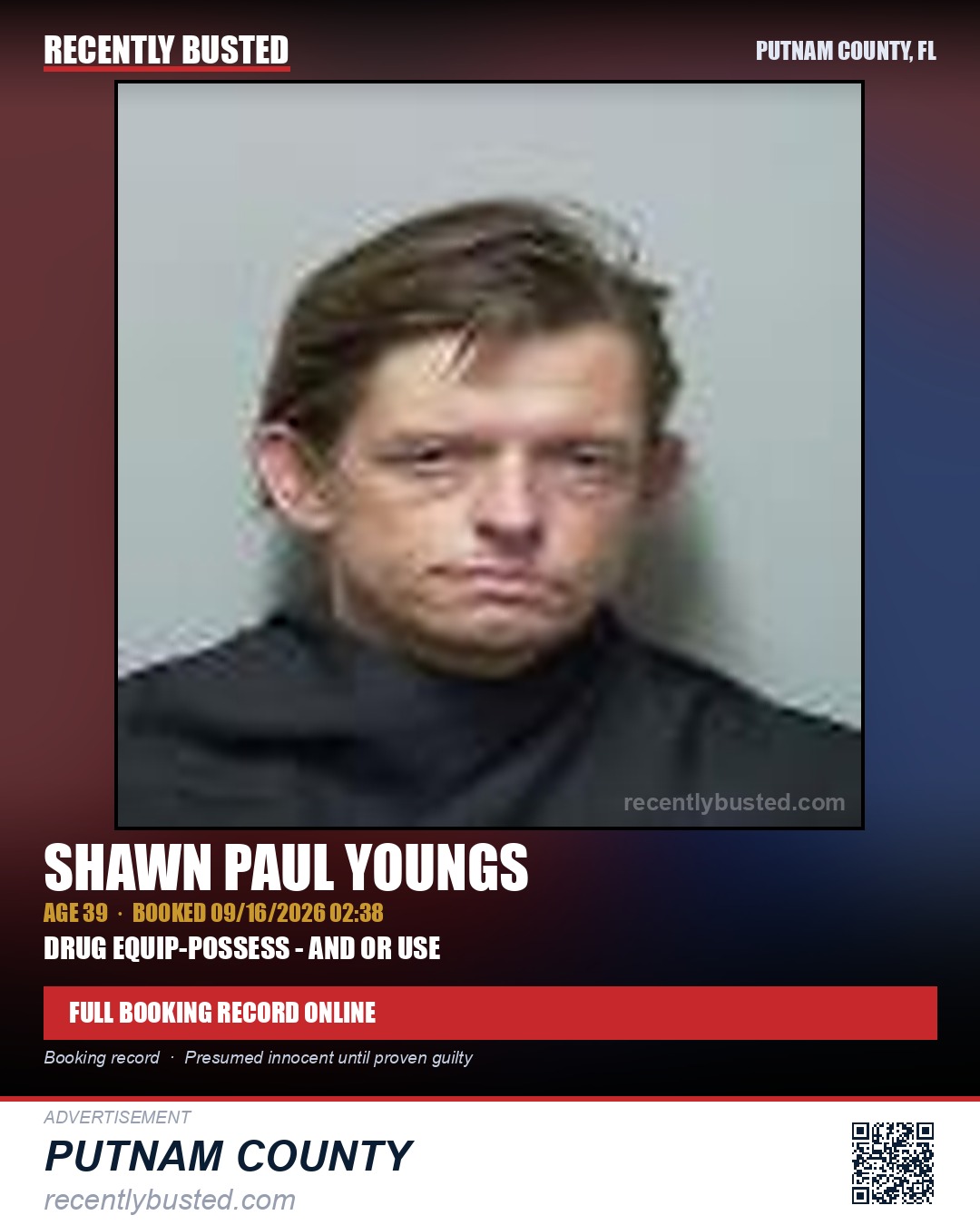 Shawn Paul Youngs — arrest record card, Putnam County, Florida