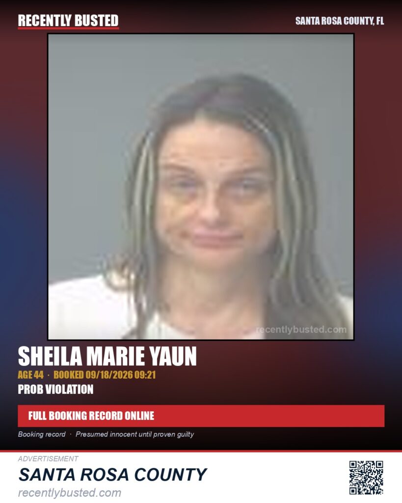 Sheila Marie Yaun — arrest record card, Santa Rosa County, Florida