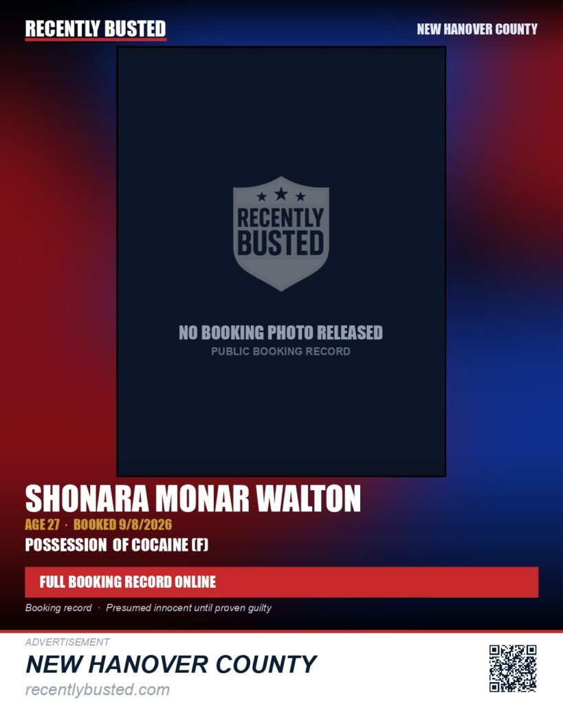 SHONARA MONAR WALTON — arrest record card, New Hanover County