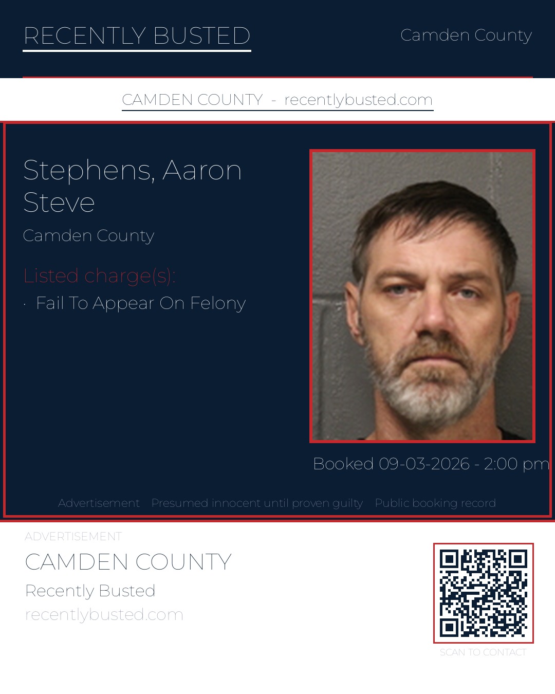 Stephens, Aaron Steve — arrest record card, Camden County