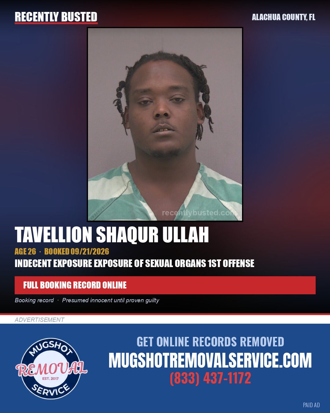 Tavellion Shaqur Ullah — arrest record card, Alachua County, Florida
