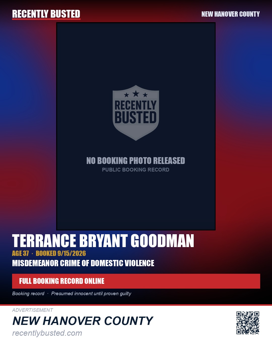 TERRANCE BRYANT GOODMAN — arrest record card, New Hanover County