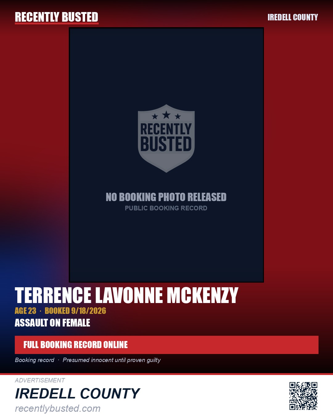 TERRENCE LAVONNE MCKENZY — arrest record card, Iredell County