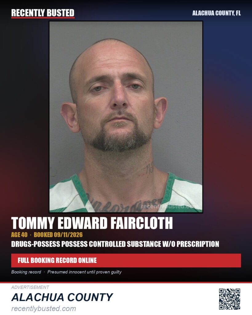 Tommy Edward Faircloth — arrest record card, Alachua County, Florida