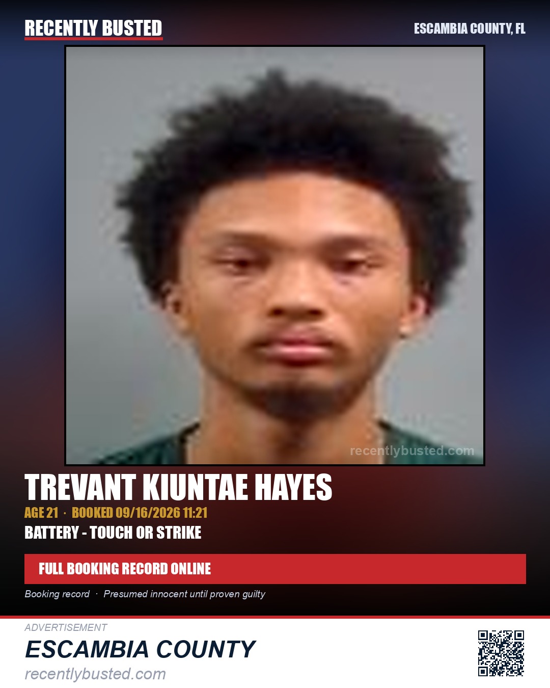 Trevant Kiuntae Hayes — arrest record card, Escambia County, Florida