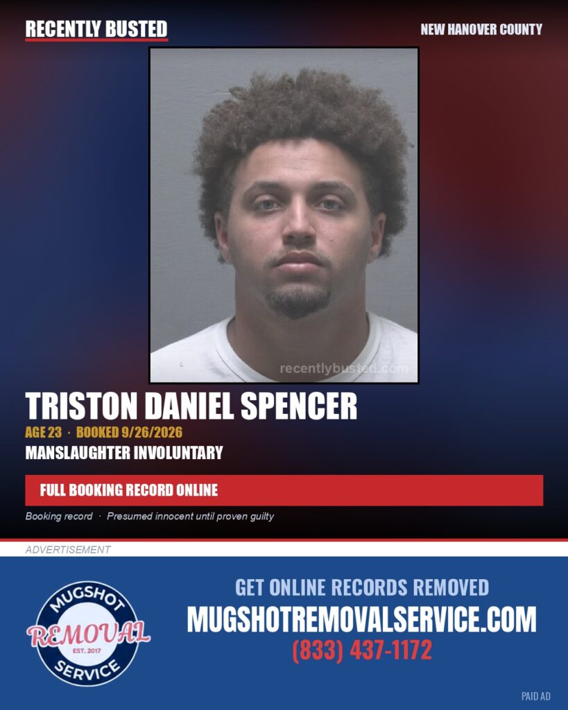 TRISTON DANIEL SPENCER — arrest record card, New Hanover