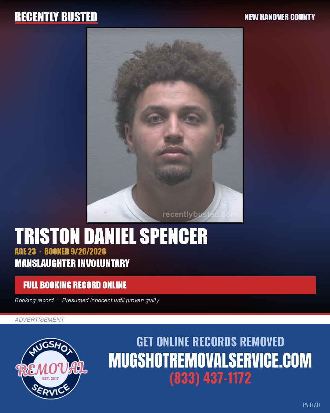 TRISTON DANIEL SPENCER — arrest record card, New Hanover County