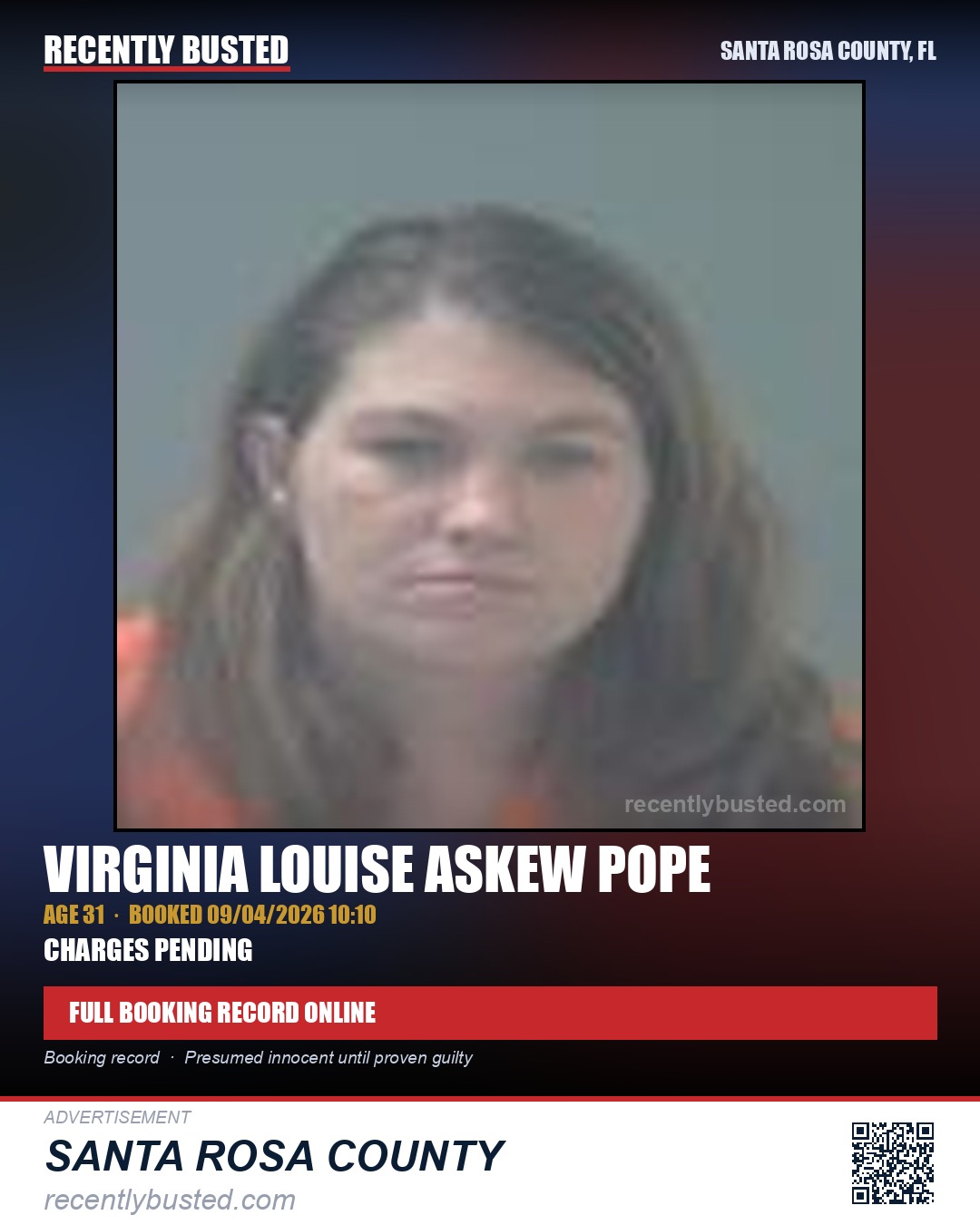 Virginia Louise Askew Pope — arrest record card, Santa Rosa County, Florida