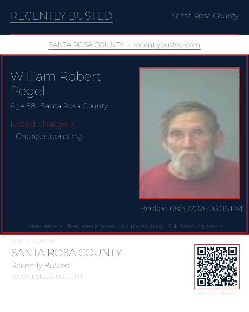 William Robert Pegel — arrest record card, Santa Rosa County, Florida
