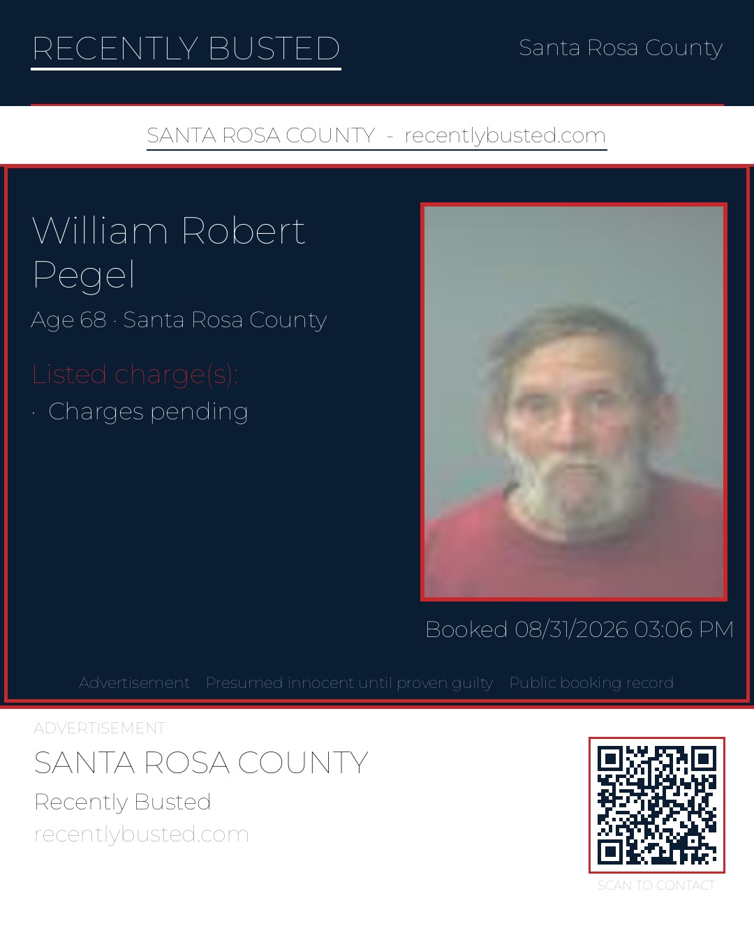 William Robert Pegel — arrest record card, Santa Rosa County, Florida
