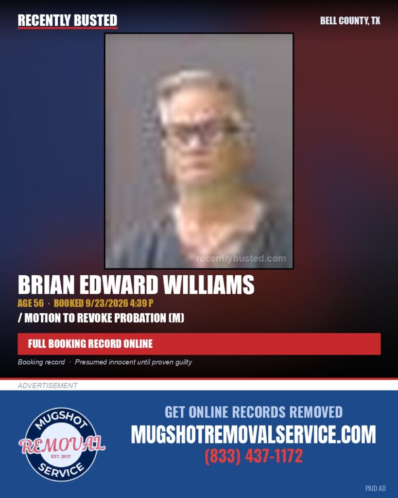 WILLIAMS, BRIAN EDWARD — arrest record card, Bell County, Texas