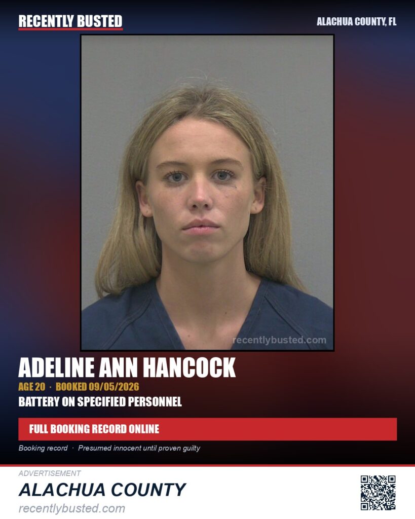 Adeline Ann Hancock — arrest record card, Alachua County, Florida