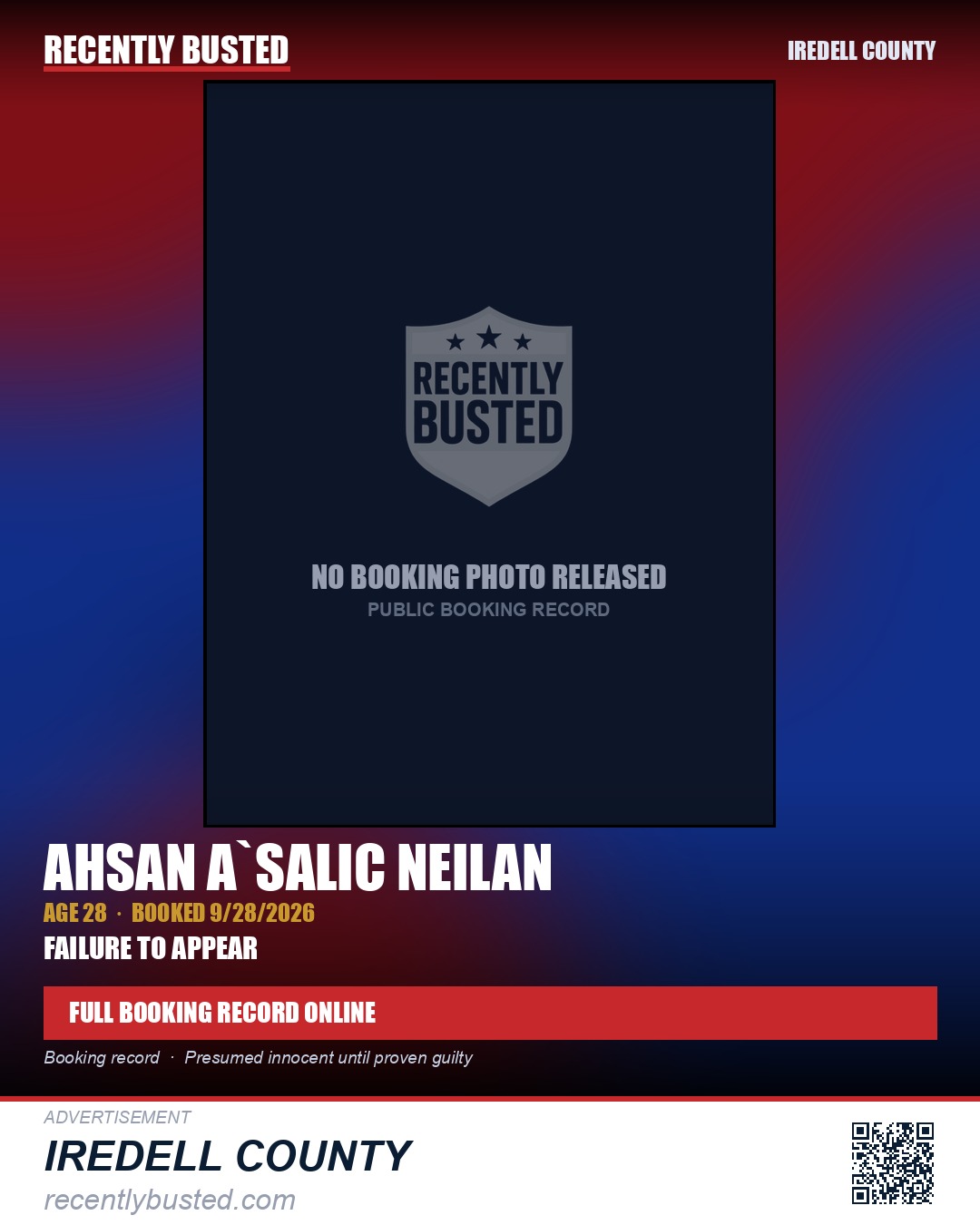 AHSAN A`SALIC NEILAN — arrest record card, Iredell County