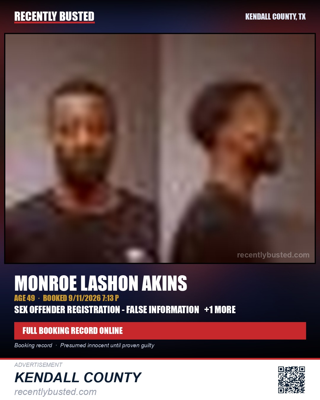 AKINS, MONROE LASHON — arrest record card, Kendall County, Illinois