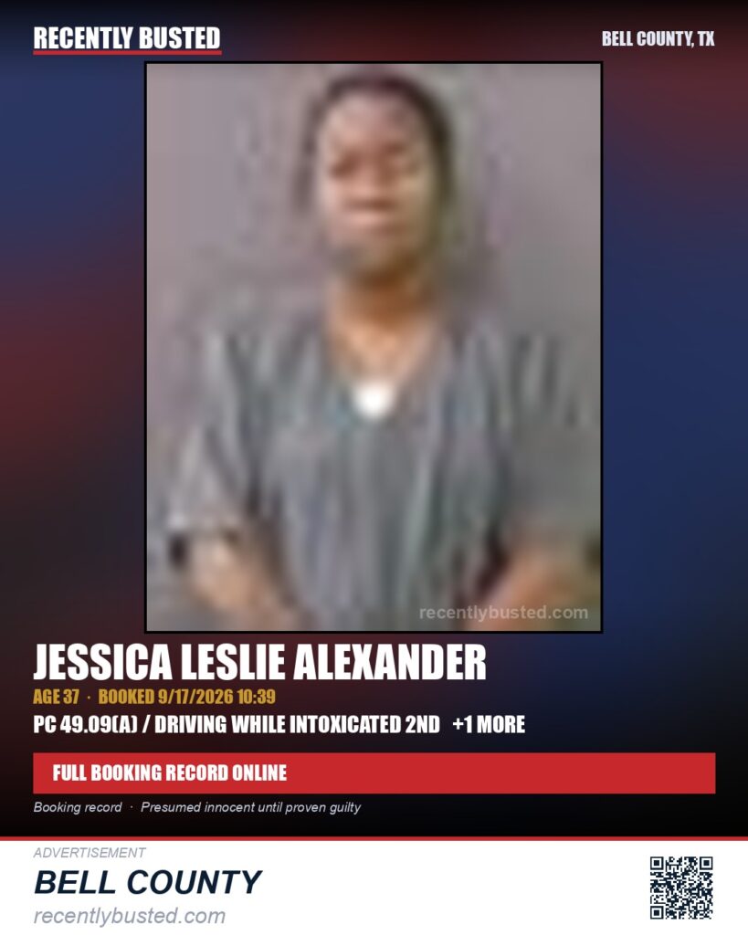 ALEXANDER, JESSICA LESLIE — arrest record card, Bell County, Texas