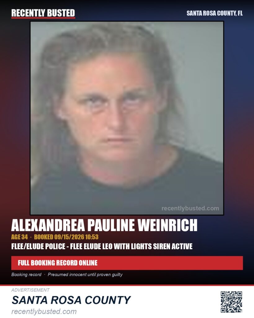 Alexandrea Pauline Weinrich — arrest record card, Santa Rosa County, Florida