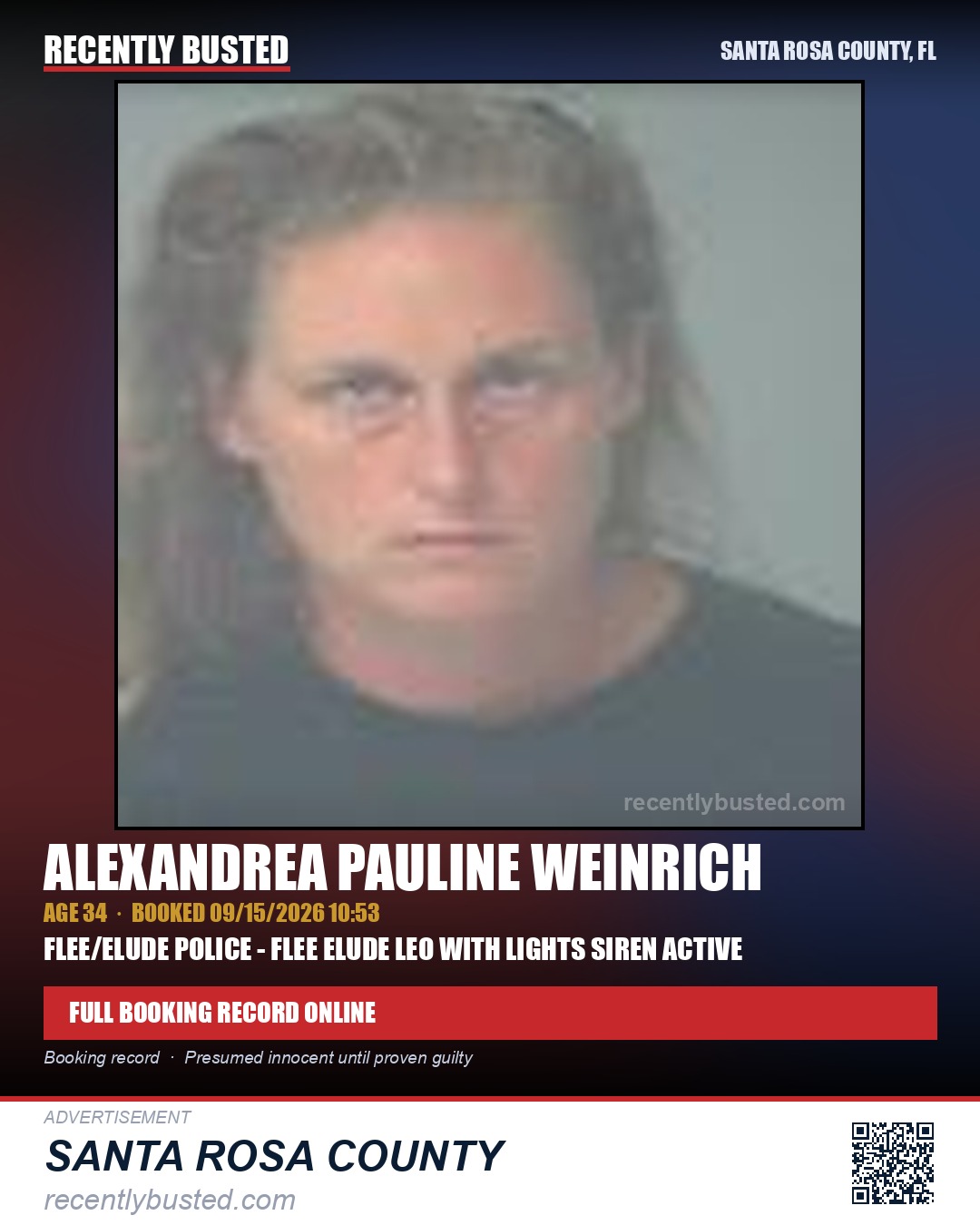 Alexandrea Pauline Weinrich — arrest record card, Santa Rosa County, Florida