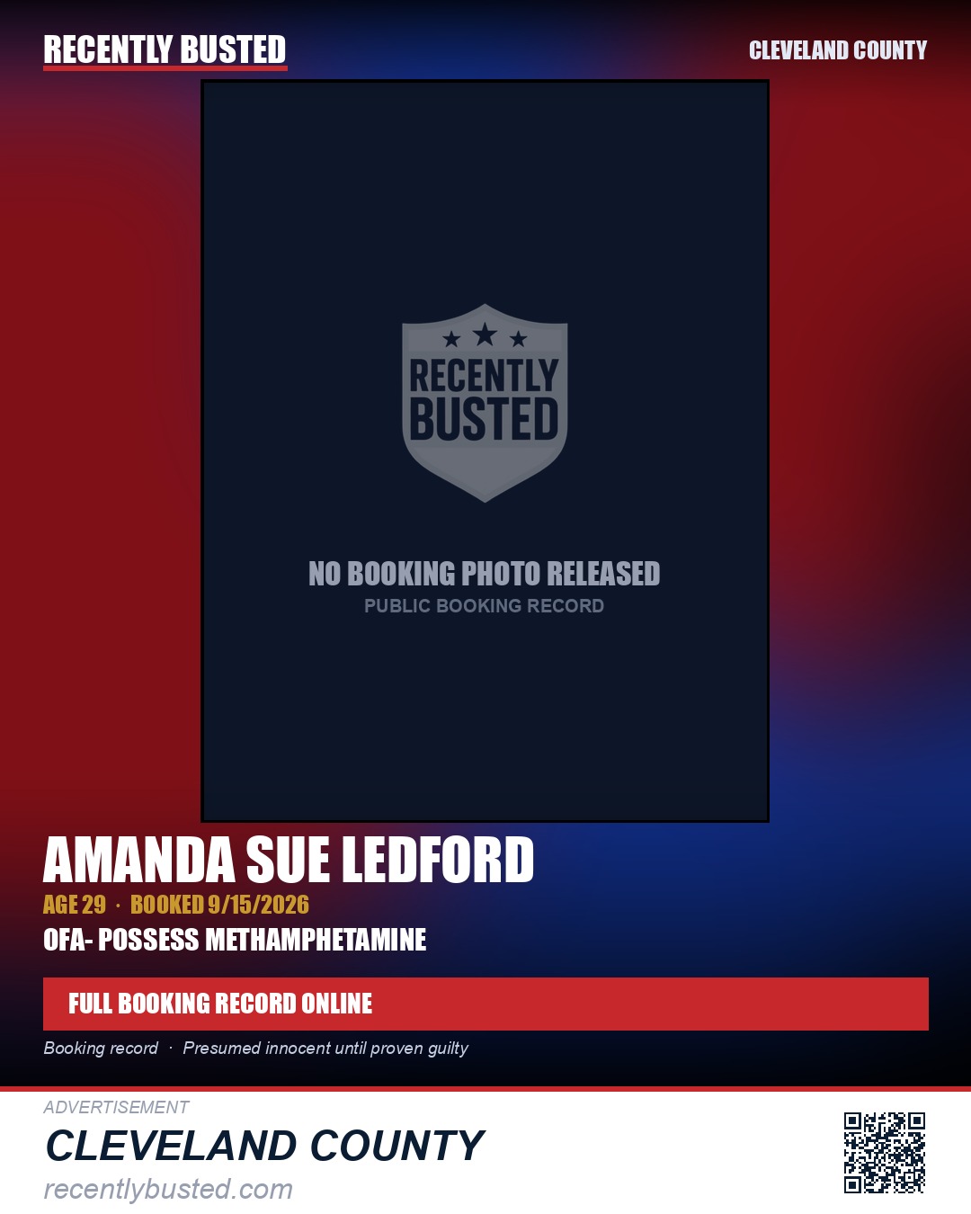 AMANDA SUE LEDFORD — arrest record card, Cleveland County