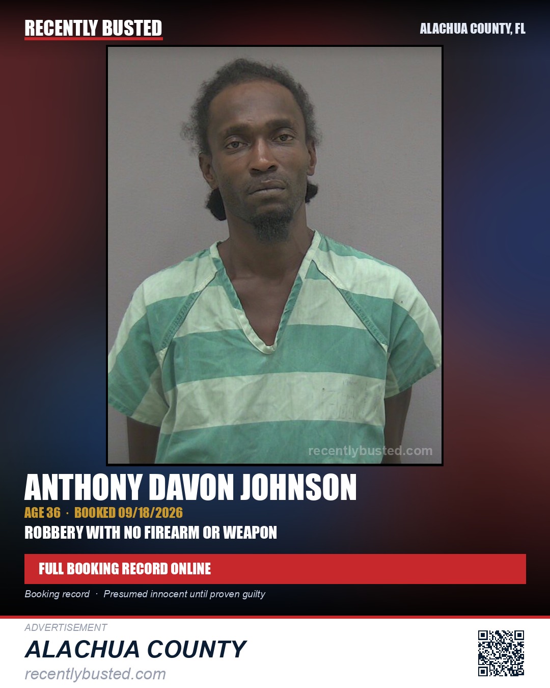 Anthony Davon Johnson — arrest record card, Alachua County, Florida