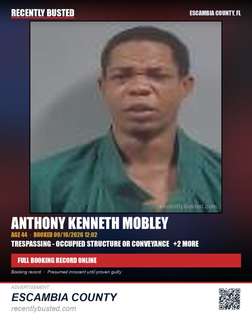 Anthony Kenneth Mobley — arrest record card, Escambia County, Florida