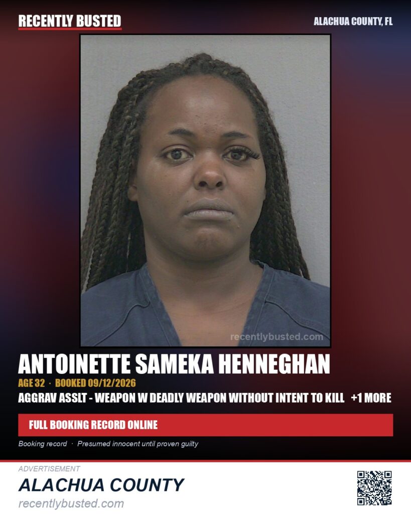 Antoinette Sameka Henneghan — arrest record card, Alachua County, Florida