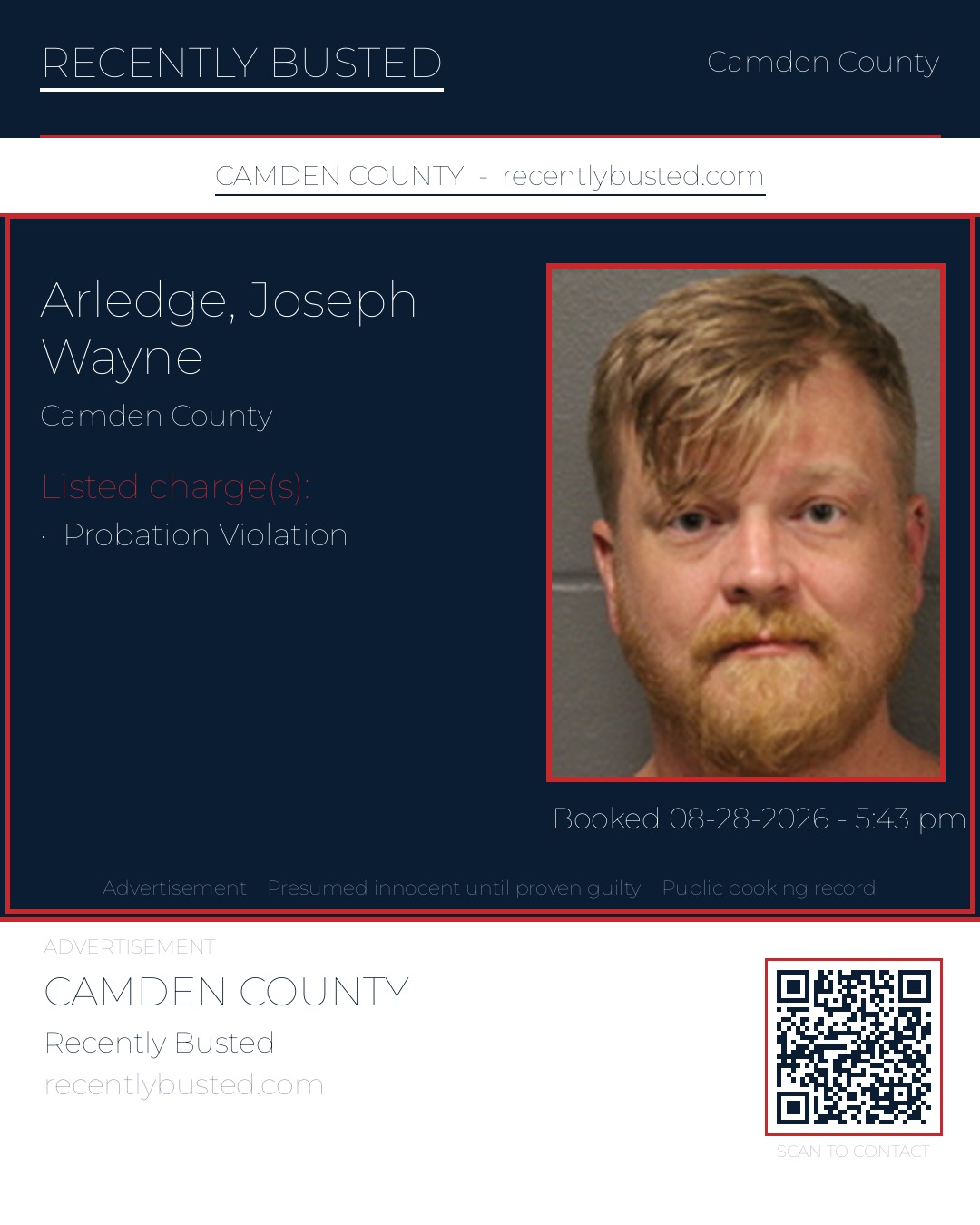 Arledge, Joseph Wayne — arrest record card, Camden County