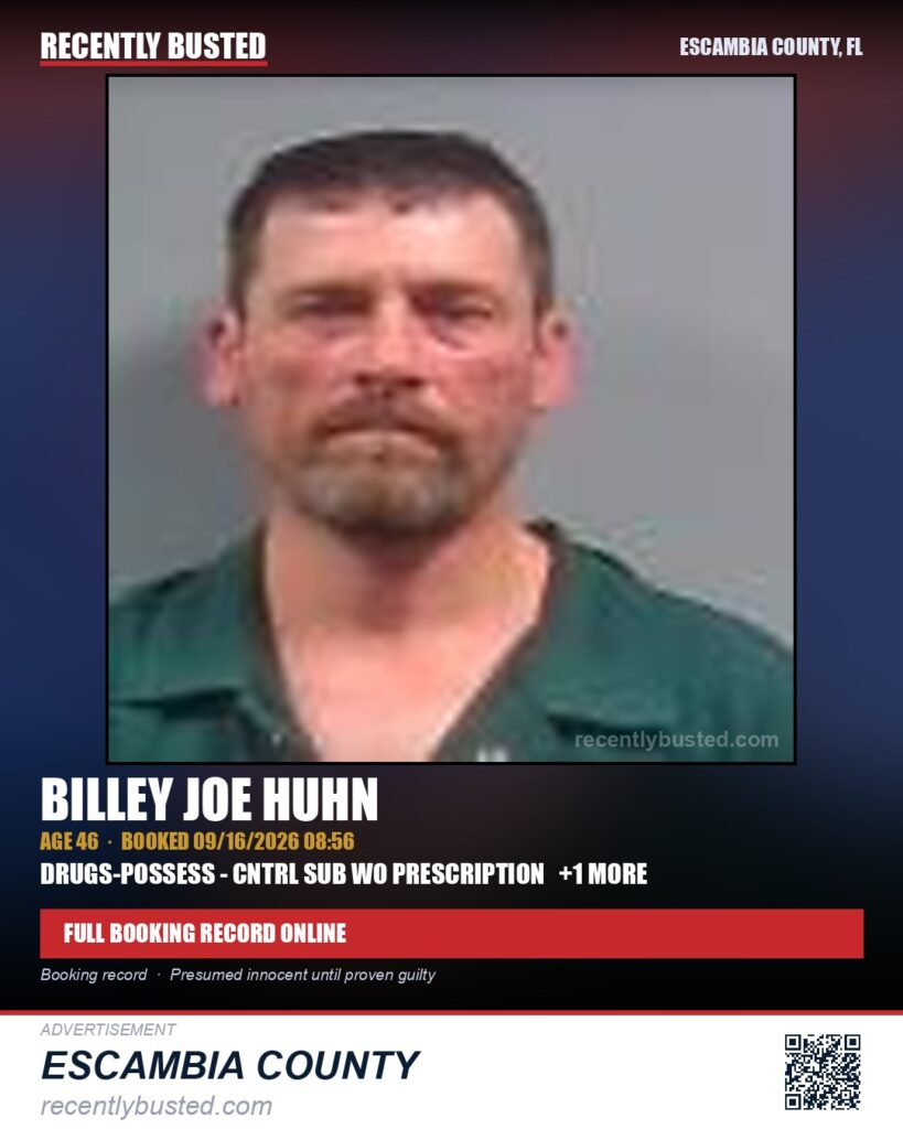 Billey Joe Huhn — arrest record card, Escambia County, Florida