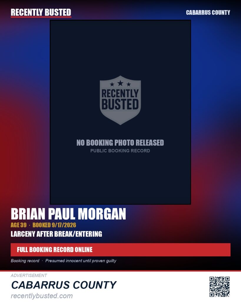 BRIAN PAUL MORGAN — arrest record card, Cabarrus County