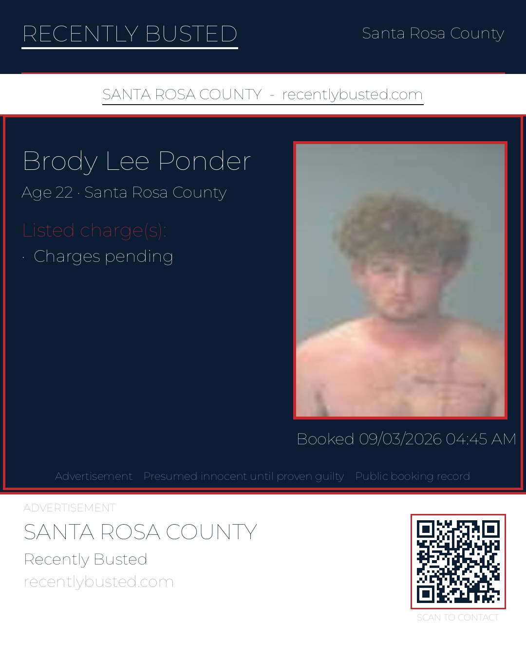 Brody Lee Ponder — arrest record card, Santa Rosa County, Florida