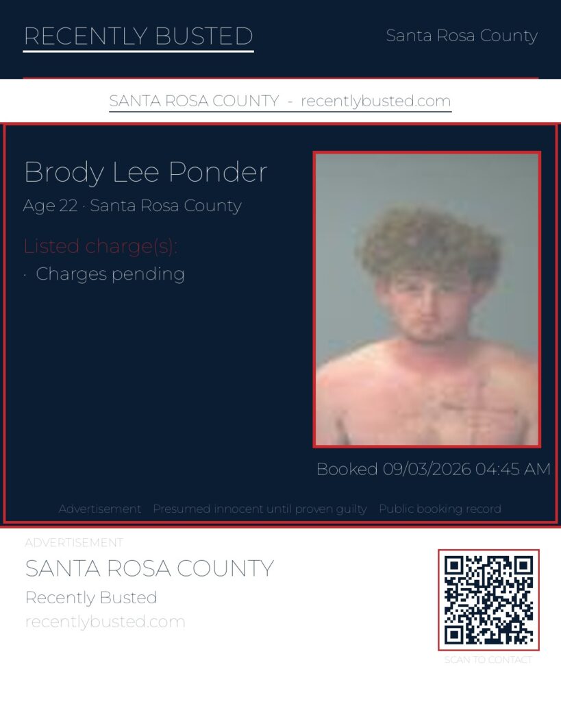 Brody Lee Ponder — arrest record card, Santa Rosa County, Florida