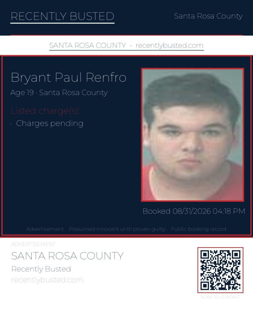 Bryant Paul Renfro — arrest record card, Santa Rosa County, Florida