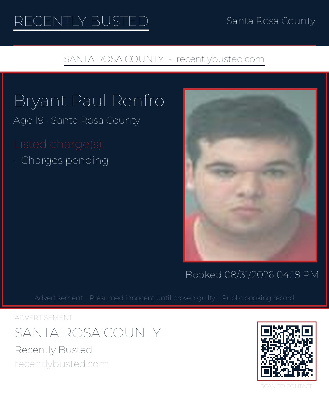 Bryant Paul Renfro — arrest record card, Santa Rosa County, Florida