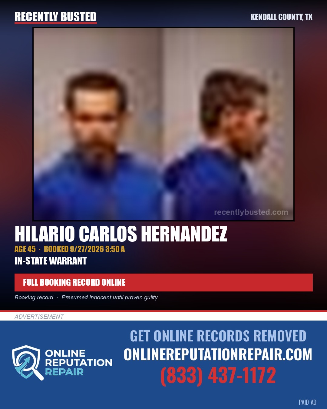 CARLOS HERNANDEZ, HILARIO — arrest record card, Kendall County, Illinois