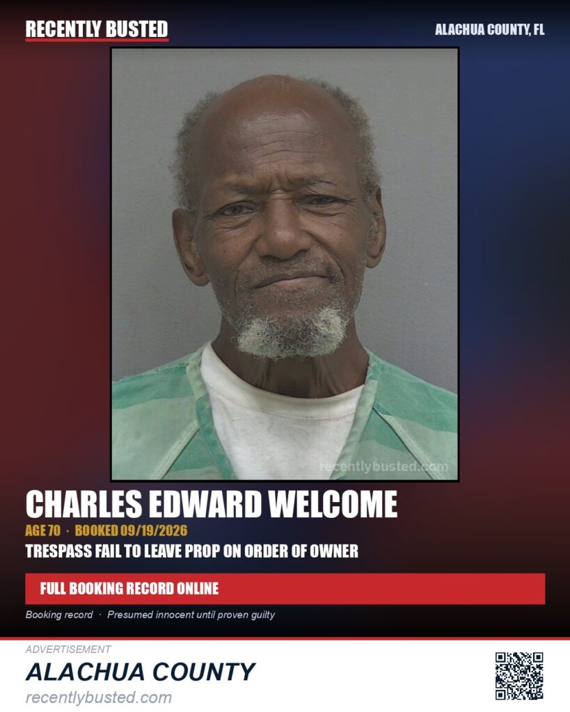 Charles Edward Welcome — arrest record card, Alachua County, Florida