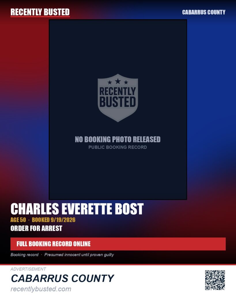 CHARLES EVERETTE BOST — arrest record card, Cabarrus County