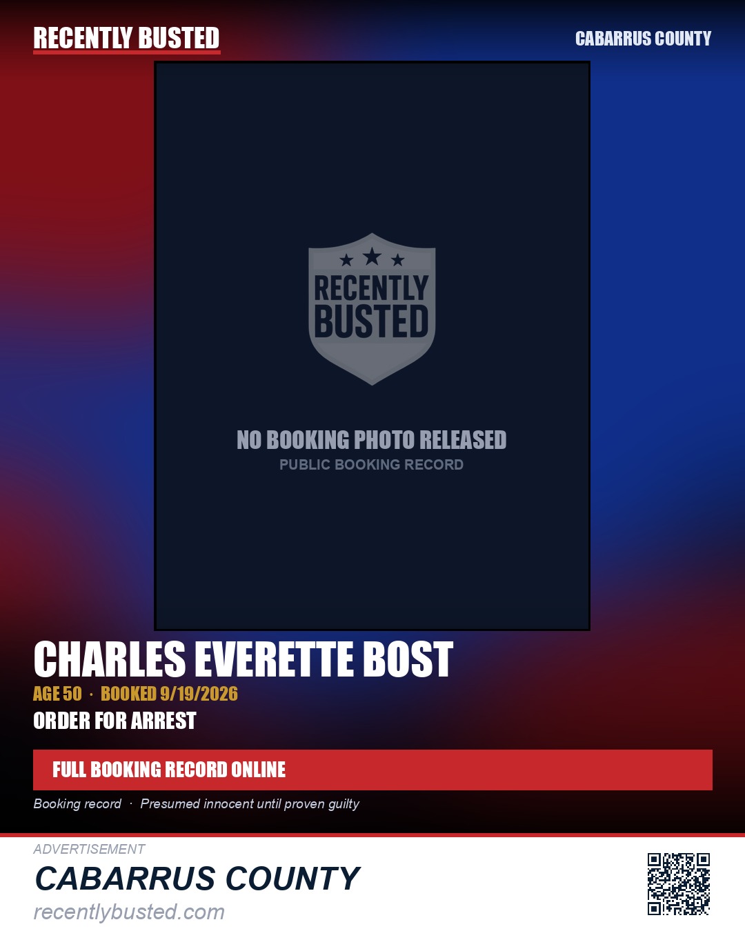 CHARLES EVERETTE BOST — arrest record card, Cabarrus County