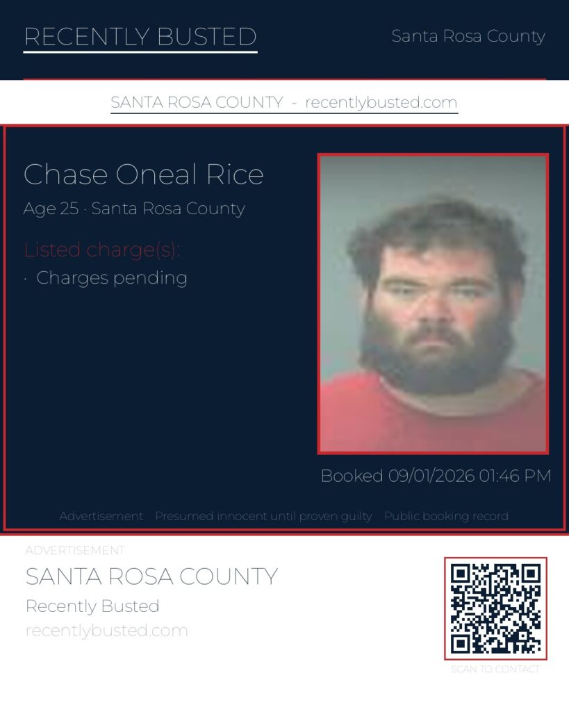 Chase Oneal Rice — arrest record card, Santa Rosa County, Florida