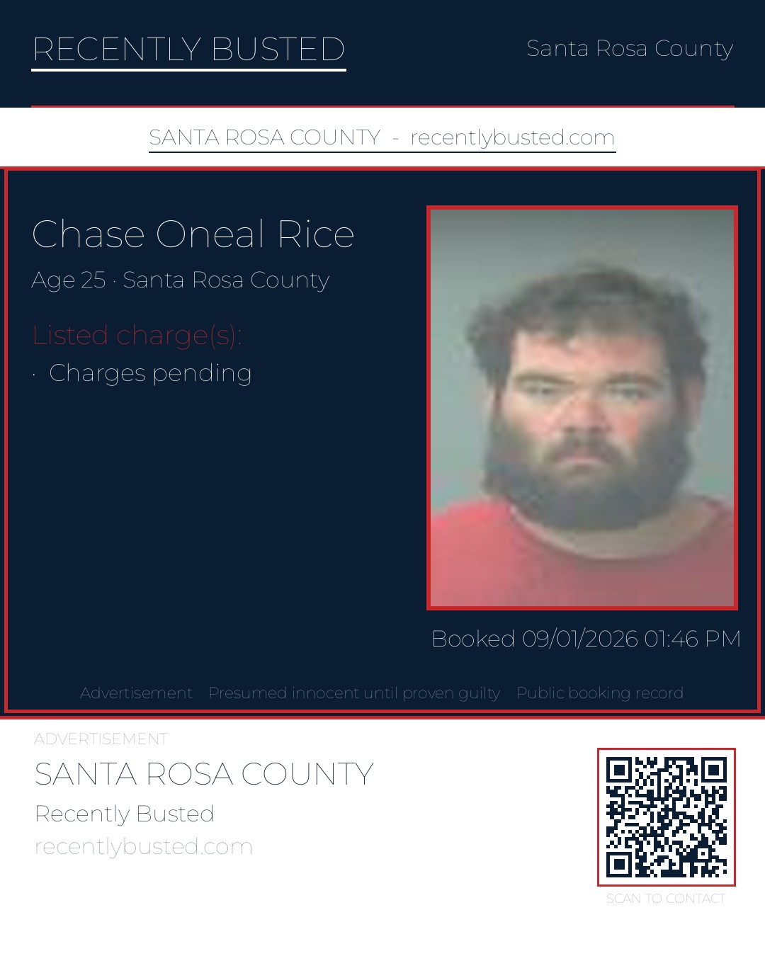 Chase Oneal Rice — arrest record card, Santa Rosa County, Florida